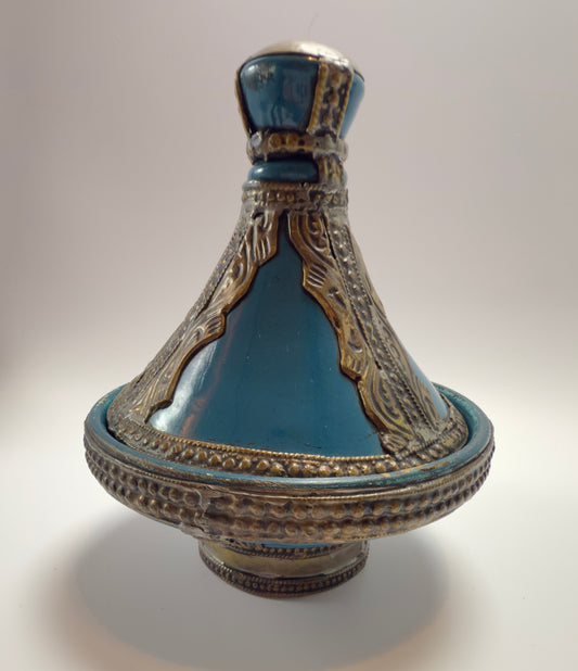 Unique Moroccan decoration set with glass bottle, miniature tajine and teapot
