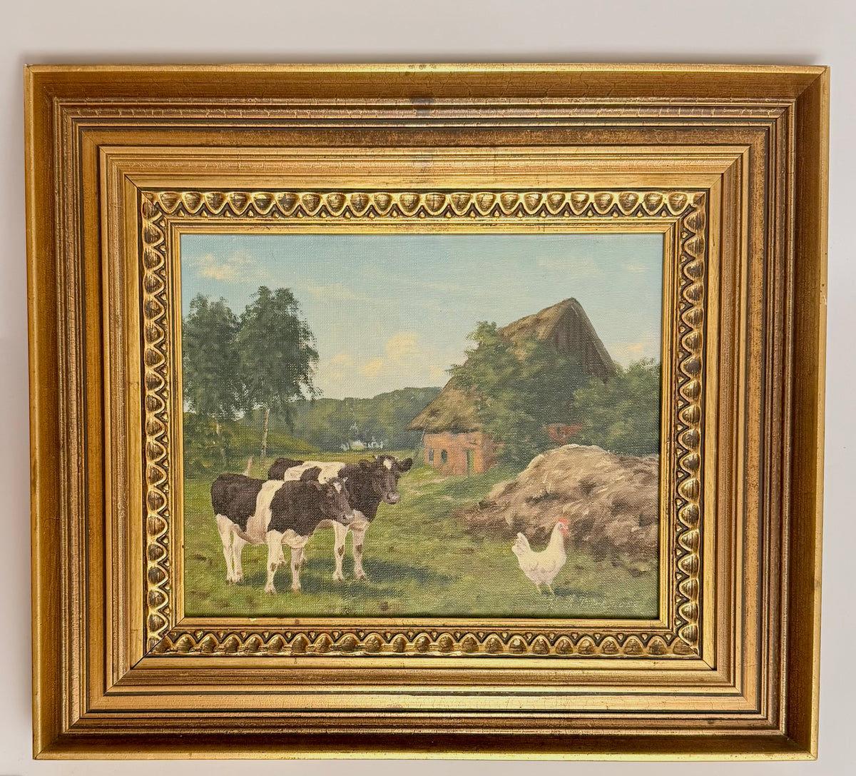 Original painting by Kay Birkmose with Danish agricultural motif in gilded frame