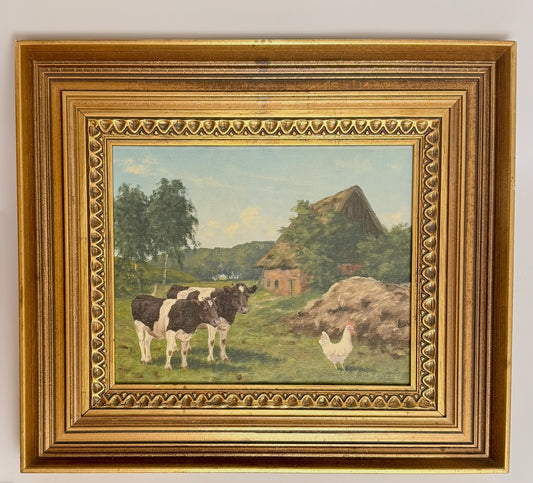 Original painting by Kay Birkmose with Danish agricultural motif in gilded frame