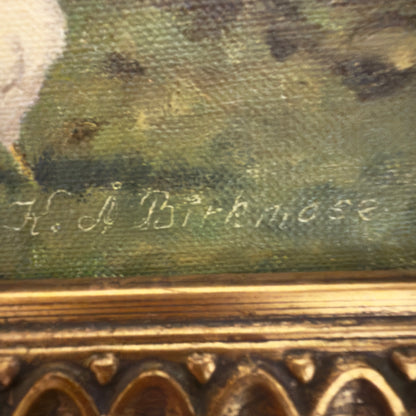 Original painting by Kay Birkmose with Danish agricultural motif in gilded frame