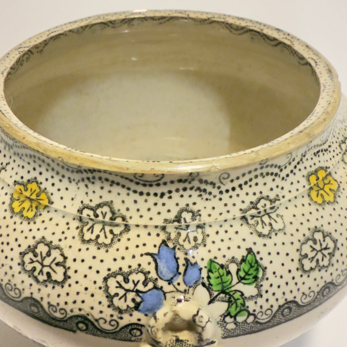 Antique faience bowl with knob handle, Victorian, mid 19th century