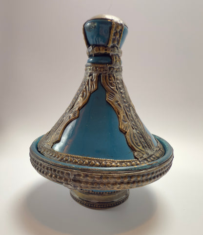 Unique Moroccan decoration set with glass bottle, miniature tajine and teapot