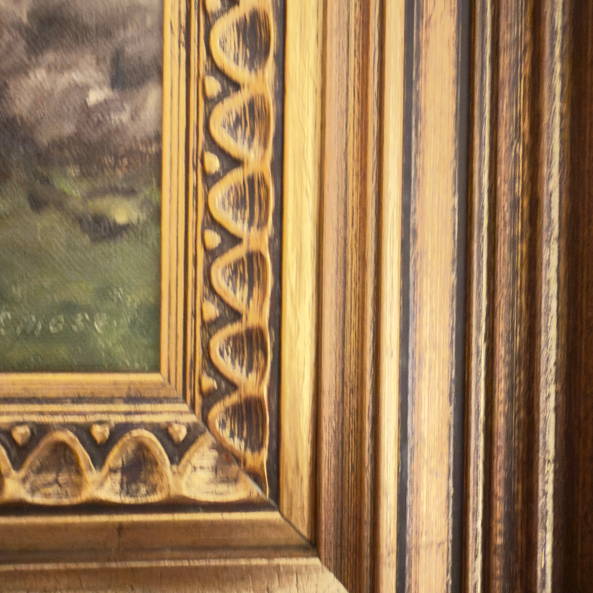 Original painting by Kay Birkmose with Danish agricultural motif in gilded frame