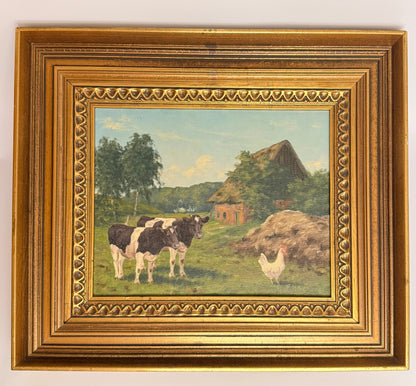 Original painting by Kay Birkmose with Danish agricultural motif in gilded frame