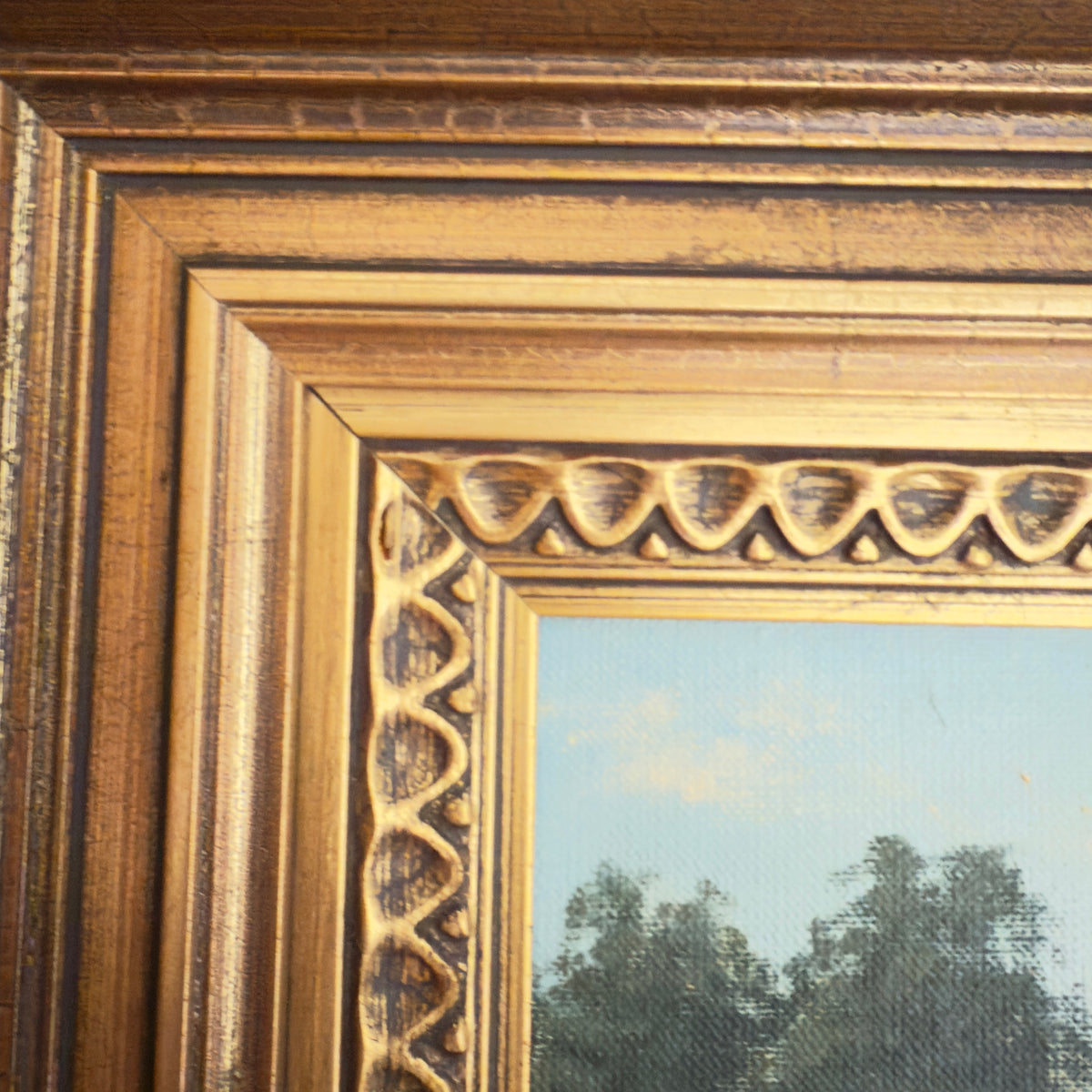 Original painting by Kay Birkmose with Danish agricultural motif in gilded frame
