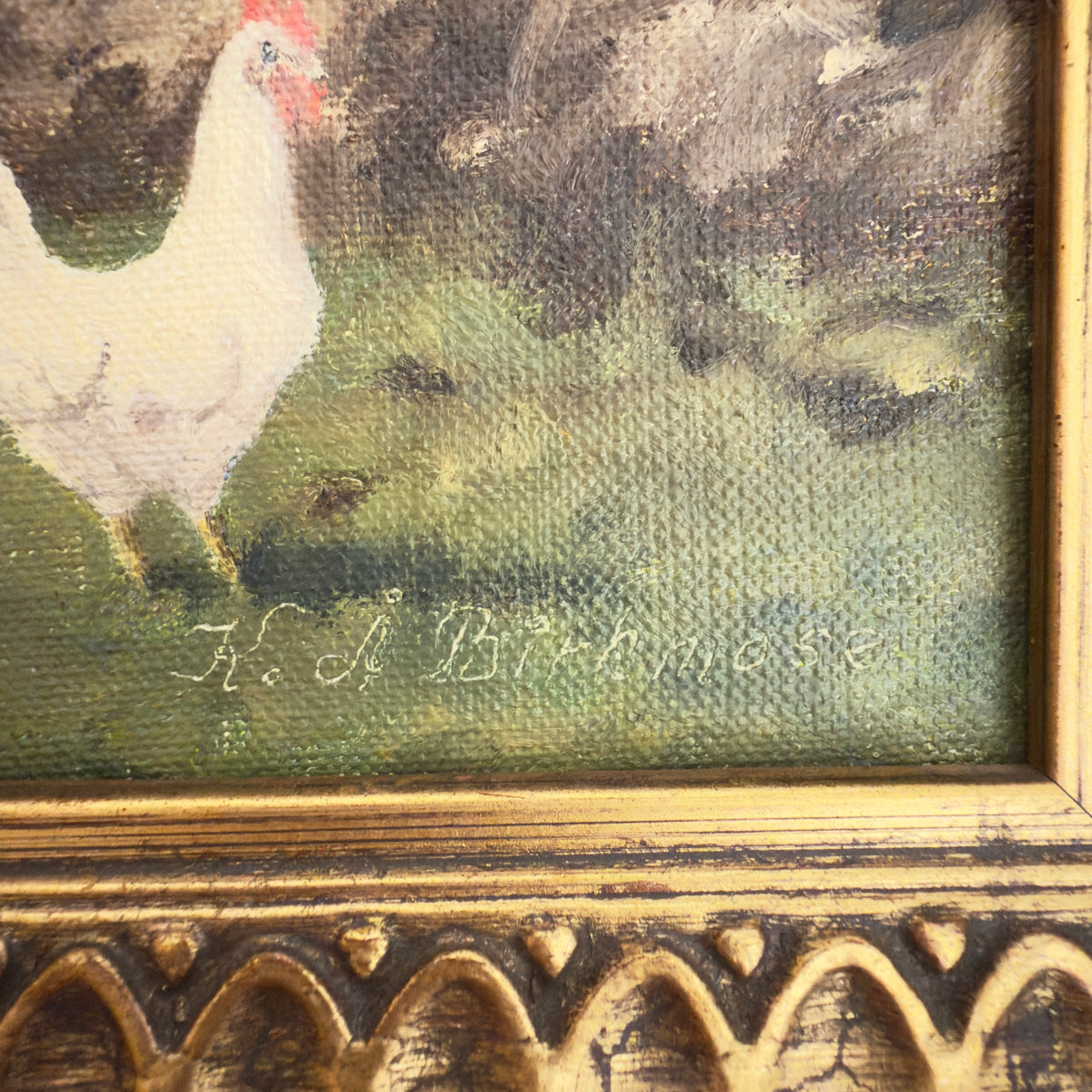 Original painting by Kay Birkmose with Danish agricultural motif in gilded frame