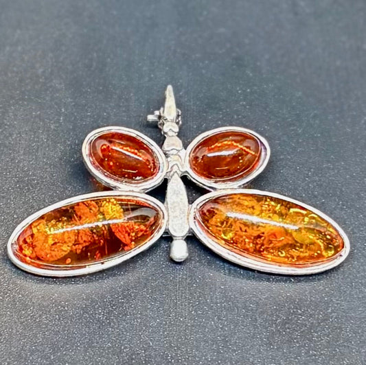 Brooch in 925 silver with Baltic amber - butterfly, vintage