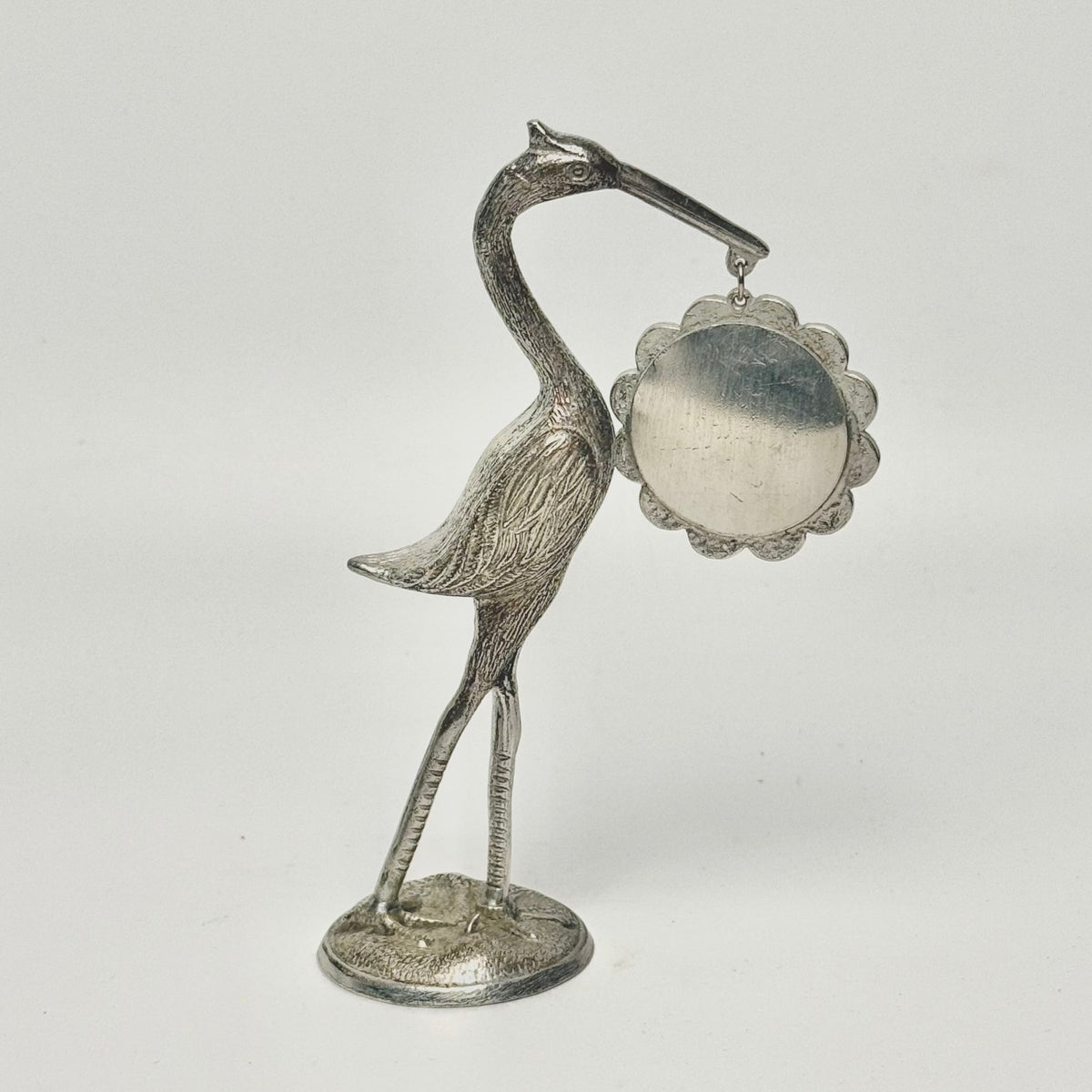 Vintage stork med lille billedramme i tin - Frøken Lilly